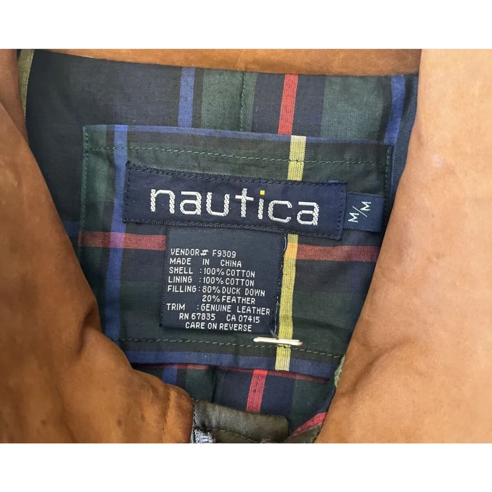 Nautica Down Filled Winter Coat Men's Brown Size M Leather Collar NO HOOD